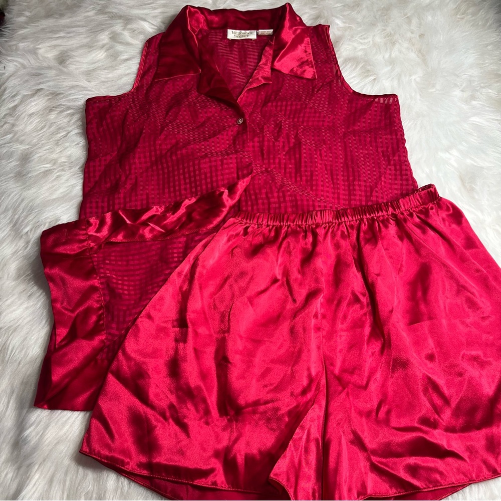 Y2K Victoria's Secret Vintage Gold Label Vibrant Hot Pink Satin Pajama Set SZ S